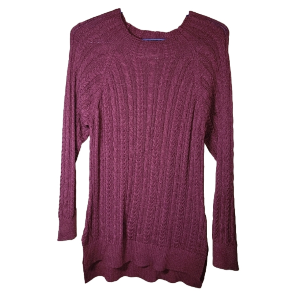 Bleu Gray Small cable knit tunic length crew neck sweater relaxed fit burgundy